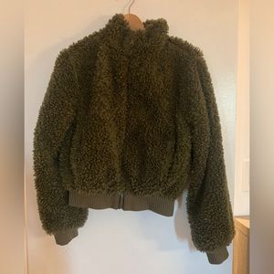 Cute fuzzy bomber jacket.  Olive green